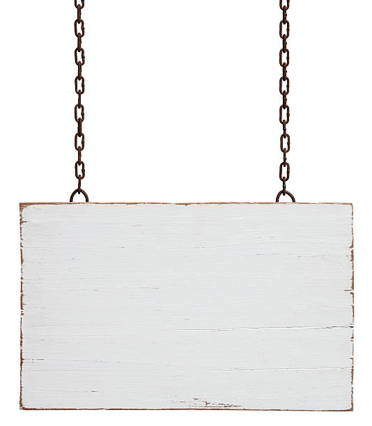 Old weathered white wood signboard. Old weathered white wood signboard, hanging by old chains, composite image, isolated on white, clipping path included. chain object photos stock pictures, royalty-free photos & images