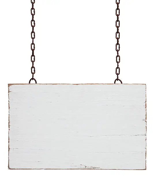 Old weathered white wood signboard, hanging by old chains, composite image, isolated on white, clipping path included.