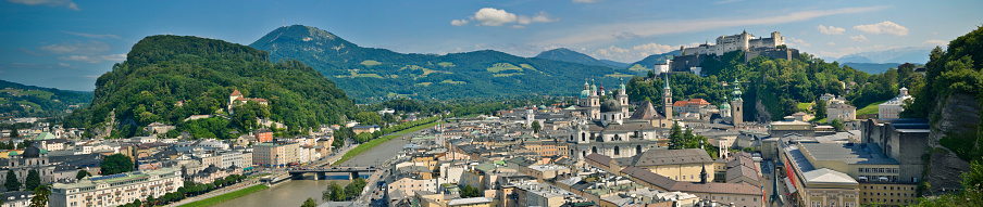 Salzburg, Austria - August 5, 2012: 180 degree panorama view from the M&amp;amp;amp;ouml;nchsberg over the Oldtown of Salzburg. In the right background the historic castle \