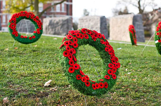 istock remembrance memorial day bow plaque Wreath poppies grass leafs 157736557