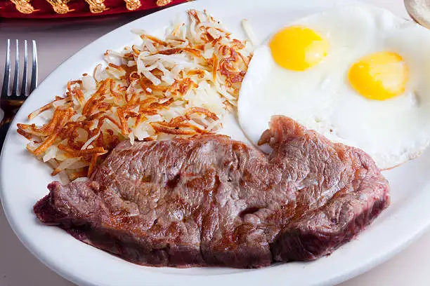 Steak, eggs and hashbrowns with fork, and partial sombrero