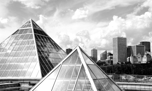 Edmonton Skyline and the greenhouse pyramid roofs.. Black and White