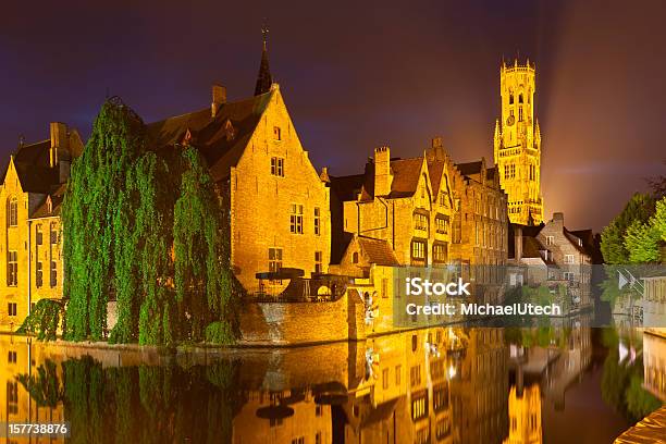 Rozenhoedkaai In Bruges At Night Stock Photo - Download Image Now - Architecture, Belfry of Bruges, Belgian Culture