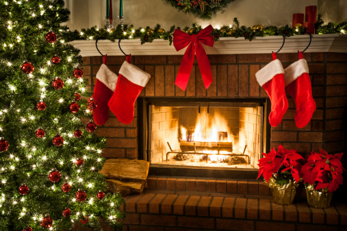 Christmas fireplace, tree, and decorations