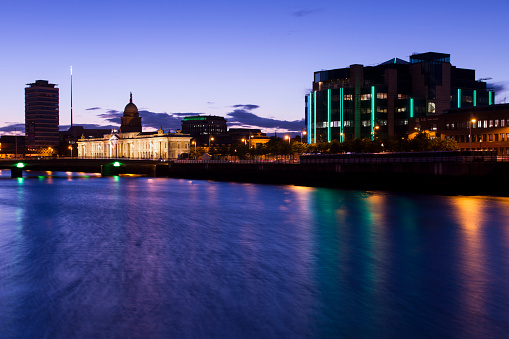Night time views across the River Liffey in Dublin, Ireland.