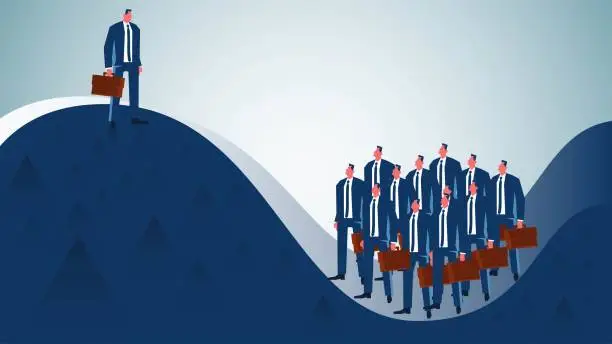 Vector illustration of Admiration, stand out, leader, successful businessman, a group of businessmen standing at the bottom of a mountain looking up to the leader standing at the top of the mountain