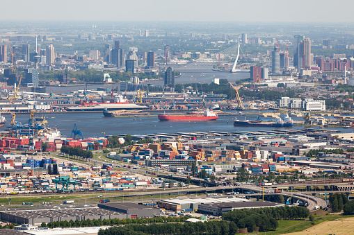 Hamburg, Germany - September 18. 2023: Further view over the port facilities of the port of Hamburg in the late afternoon