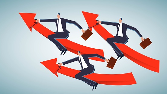 Departure, launching a new business or career, incentivizing growth or success, progress or improvement in a business or career, three businessmen take off upward on arrows