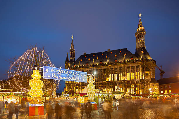 Aachen Christmas Market And Town Hall At Night  aachen stock pictures, royalty-free photos & images