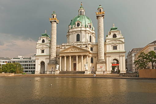 Catholic church located in the southern part of Karlsplatz, Vienna. One of the symbols of the city. The Karlskirche is a prime example of the original Austrian Baroque style. cathedral details