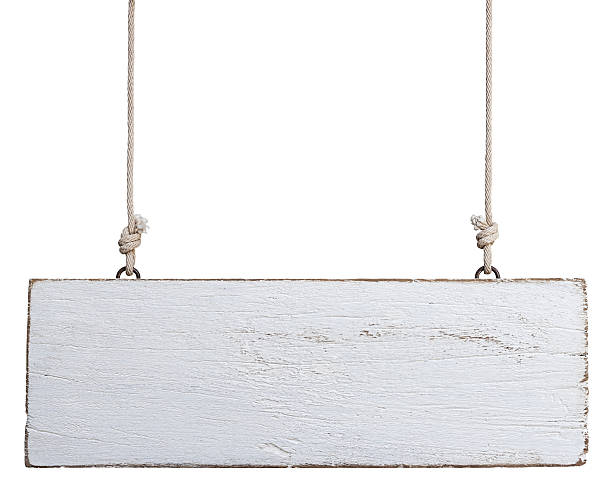 Old weathered white wood signboard. Old weathered white wood signboard, hanging by old rope, composite image, isolated on white. hanging signboard stock pictures, royalty-free photos & images