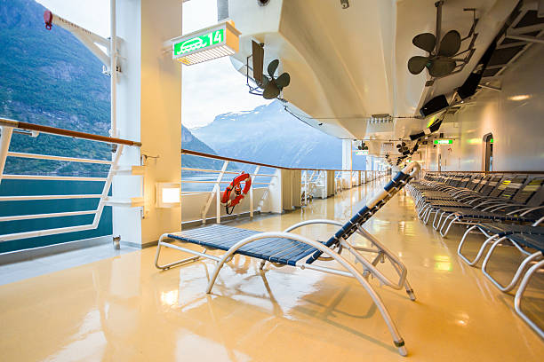 Deck chair on a cruise ship on the promenade deck in the Fjords of Norway