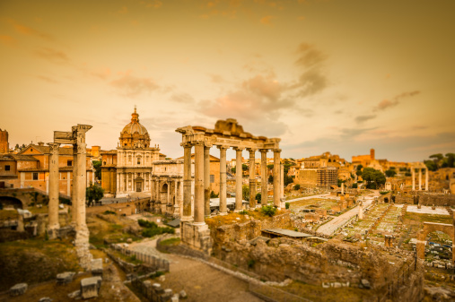 The Roman Forum at sunset with tilt shift effect.