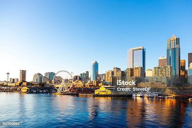 Seattle Downtown Waterfront With Space Needle And Great Wheel Stock Photo - Download Image Now