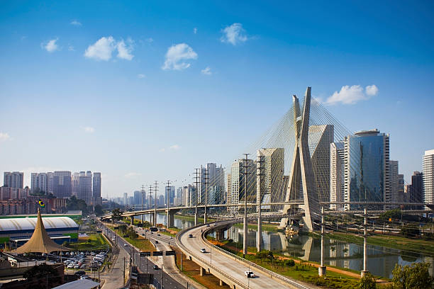 berühmten cable wohnten brücke in sao paulo city. - schrägseilbrücke stock-fotos und bilder