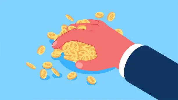 Vector illustration of A not inconsiderable fortune, money lust and greed, income or profit, great profit from business or investments, interest on savings, benefits or allowances, a large handful of gold coins grasped in one hand