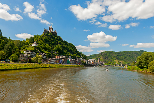 Cochem, Germany: Aerial panorama of Cochem resort town,  Cochem castle and Vineyards in Mosel wine valley at autumn, Rhineland-Palatinate, Germany.