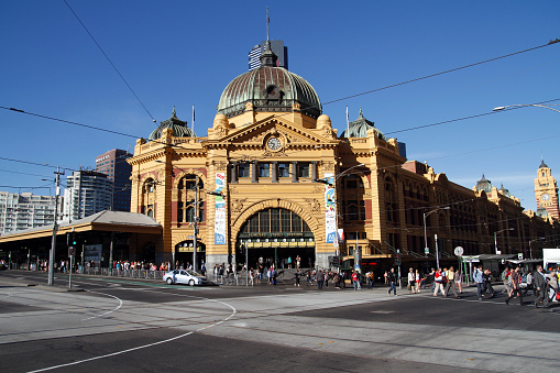 Melbourne, Australia - March 5, 2023: Front view of Flinders Street Station.
