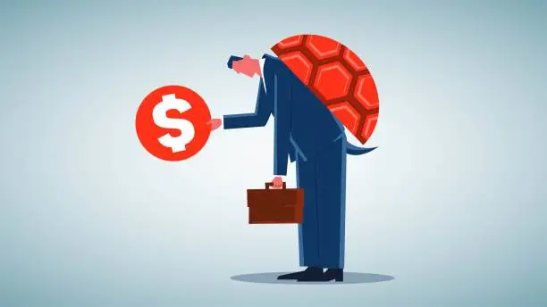 Vector illustration of Slow, inefficient work, uncompetitive and unprofitable, loss of motivation to make money, compromise with life and work, atrophy, businessman with a turtle shell on his back holding a gold coin