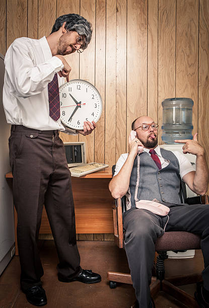 istock Upset retro office manager yelling at late employee with clock 157741178
