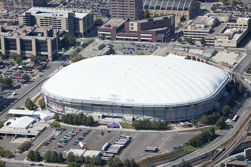 Atlanta, GA, USA - September 8, 2023: Aerial drone photo Mercedes Benz Stadium Atlanta Georgia USA