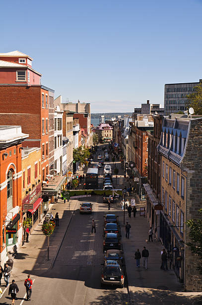 Montreal, Quebec, Canada - August 2 2021 : Bustling Old Montreal Street.