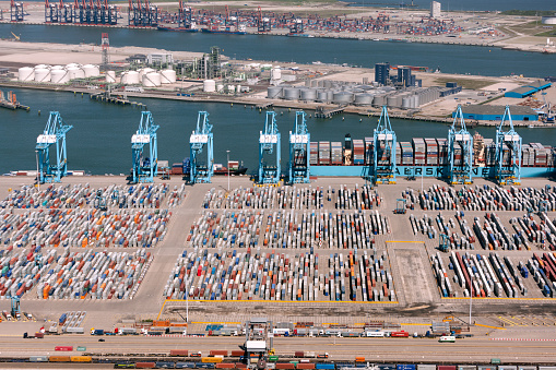 Rotterdam, The Netherlands - May 25, 2012:Aerial view of the APM container terminal in rotterdam, Netherlands on the Maasvlakte. With Europahaven, Yangtzehaven and the euromax terminal in the background.