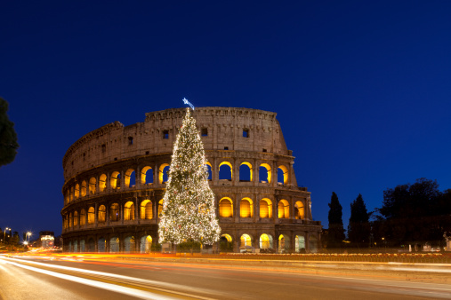 Christmas tree in front of Coliseum in Rome, Italy