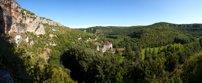 Picturesque rural valley and a small chateau at Sauliac Sur Cele, Lot, France