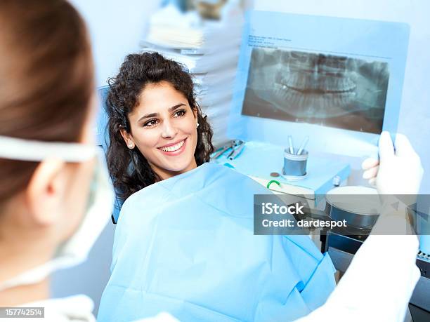 Dentista Tenendo Orthopantogram Del Paziente - Fotografie stock e altre immagini di Impianto dentale - Impianto dentale, Adulto, Allegro