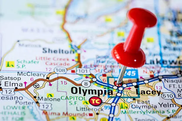 US capital cities on map series: Olympia, Washington, WA