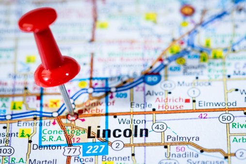 US capital cities on map series: Lincoln, Nebraska, NE