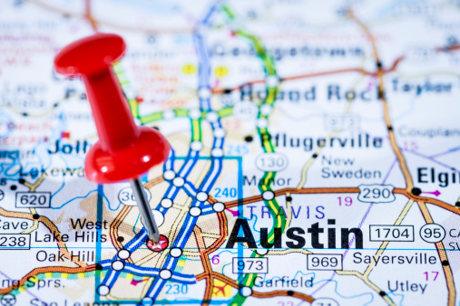 US capital cities on map series: Austin, Texas, TX