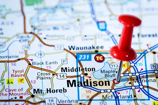 US capital cities on map series: Madison, Wisconsin, WI