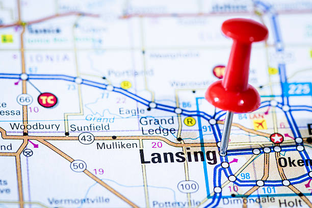 istock US capital cities on map series: Lansing, Michigan, MI 157742584
