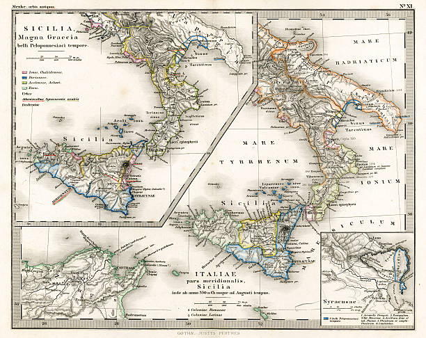 ilustrações de stock, clip art, desenhos animados e ícones de mapa antigo da antiga sul de itália - sicily map old cartography