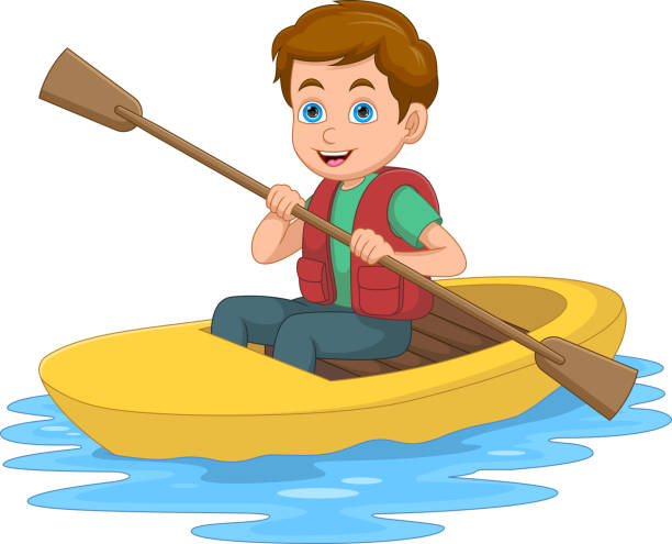 ilustraciones, imágenes clip art, dibujos animados e iconos de stock de dibujos animados little boy remando una canoa - rowboat nautical vessel men cartoon
