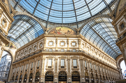 Milan, Italy - February 15, 2023: Interior of the Galleria Victor Emanuele II in Piazza del Duomo.