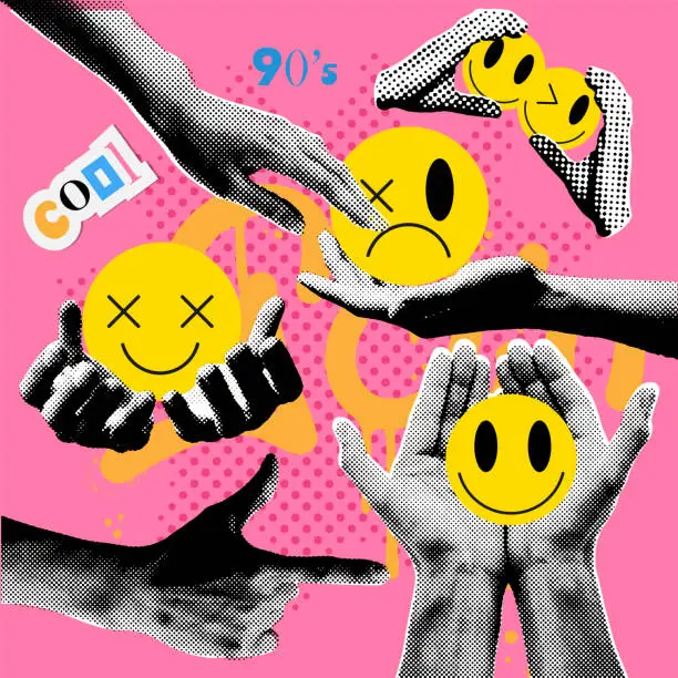 Vector illustration of Retro halftone effect collage elements set with hands and cutout paper shapes. 90s - y2k Vintage vector collection.