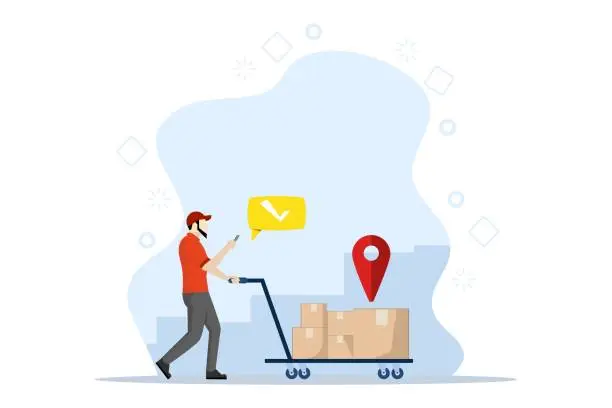 Vector illustration of warehouse concept, warehouse worker with cart with cargo with phone in hand, in warehouse. logistics warehouse work. international package delivery. flat vector illustration on a white background.