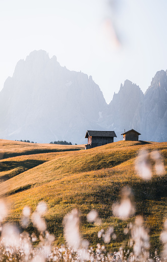 Mountain cabin in stunning landscape of Alpe di Siusi during sunrise, Dolomites, Italy, South Tyrol, Seiser Alm. High quality photo