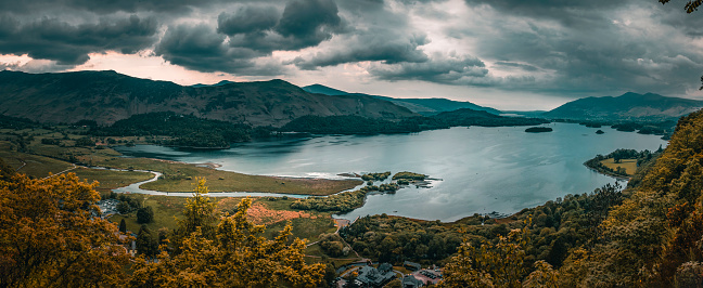 The panorama view of the Derwent water lake from the Surprise View in the Lake district in overcast days