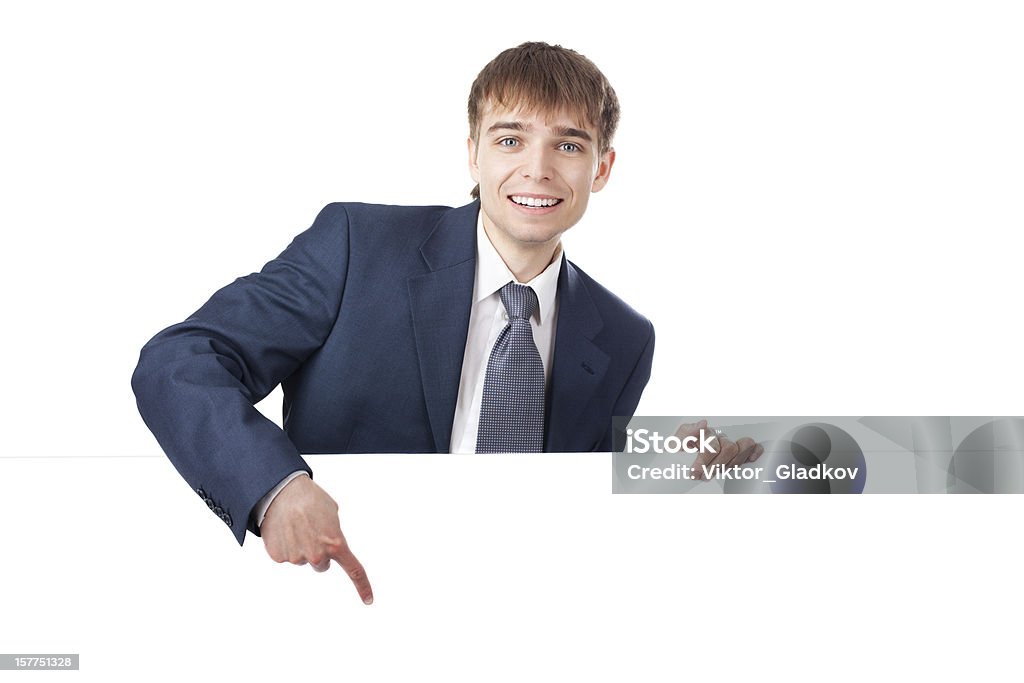 Sorridente Empresário segurando em branco de vazio, isolado no fundo branco - Foto de stock de Adulto royalty-free