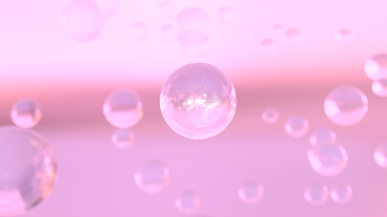 3D rendering of cosmetic reasons Pink serum bubbles with a clear background. collagen bubbles' structure. the idea behind moisturizing cream and serum.