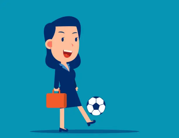 Vector illustration of Young businesswoman playing football. Business cartoon vector illustration