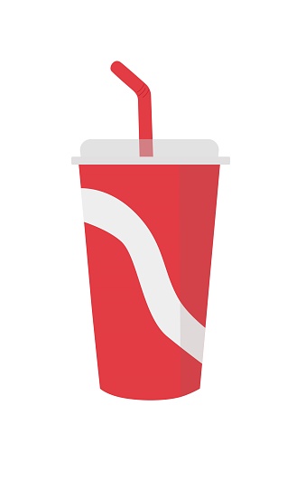 Soda cup vector set. Paper cup of soda with red straw. Cinema concept. Flat vector illustration in cartoon style, isolated on white background. Beverage cup. Paper waste.