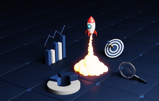 Embark on journey of digital success with this futuristic startup concept. Rocket powered soars high, symbolizing business growth, strategy, and achievement. 3D render illustration.