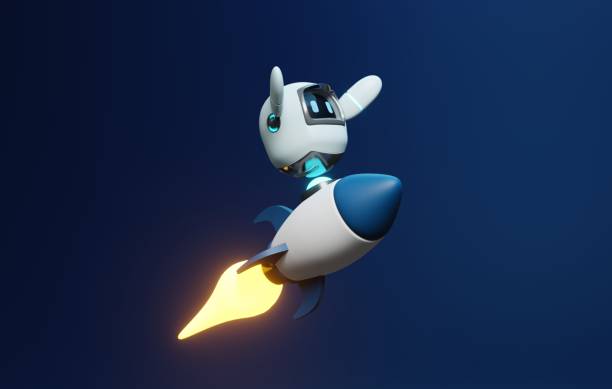istock Futuristic Robot Fly on Rocket Business Success, 3D Illustration. 1577578404