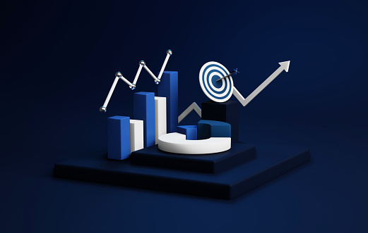 Explore success business growth with this 3D-rendered infographic, featuring pie charts, bar graphs, and dartboard. Perfect for finance, marketing, and strategy concepts. 3d render illustration.