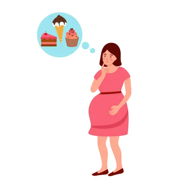 Vector illustration of Hungry pregnant woman thinking of sweet food.